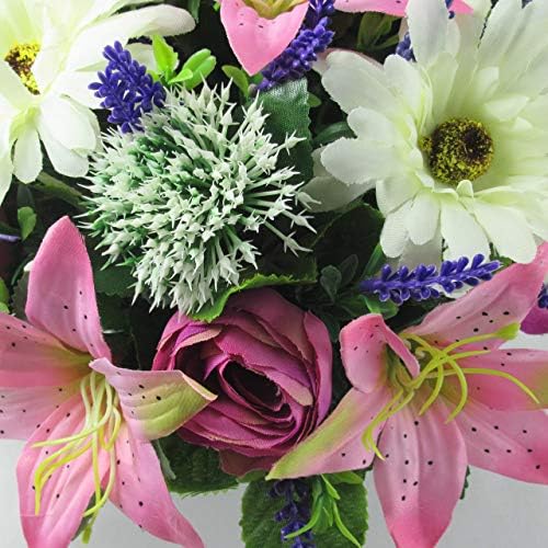 Cerise/Mauve Ranunculus with Pink Lily, Large Gerbera, and Lavender Artificial/Silk FlowerArrangement in Grave pot, 25cm - FREE SAME DAY DESPATCH