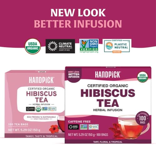 Image of HANDPICK Organic Hibiscus Tea (100 Tea Bags) Pure Indian Hibiscus Flowers
