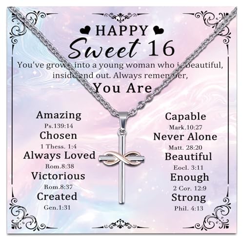 Sweet 16 Gifts for Girls Cross Necklace for 16th Birthday Party Decorations Sweet Sixteen Girls Sister Daughter Happy Birthday 16 Decorations Cute Stuff for Her Sixteen Necklace