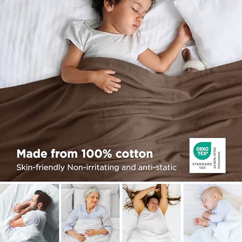 Image of Bedsure 100% Cotton Blanket, Herringbone Weave, Twin-XL, Brown