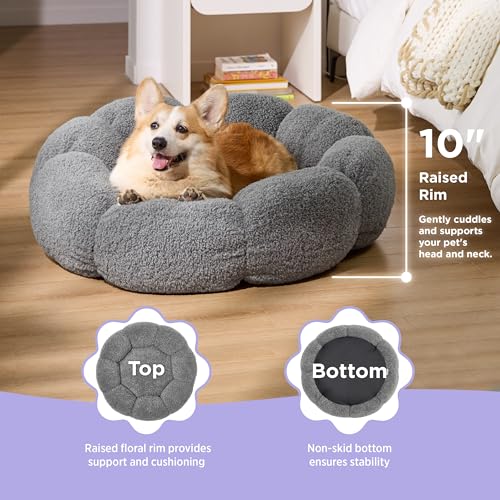 lesure calming large dog bed - flower donut round fluffy puppy bed in plush teddy sherpa non-slip cute flower dog beds large pet bed fits up to 100 lbs machine washable grey 3634