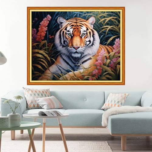 Image of Dimxvean Stamped Cross Stitch Kits,Cross Stitch Kits for Adults Beginners,Embroidery Kits Full Range of Cross Stitch Stamped Kits Needlepoint Kits Cross Stitch Patterns-Forest Tiger 16x20 inch