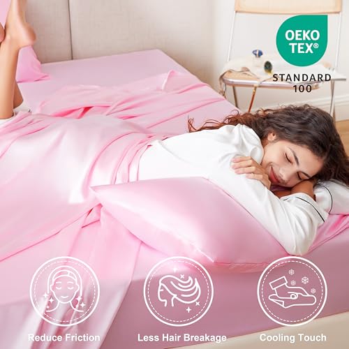 Image of Love's cabin Satin Full Sheets Set - 6 Piece Pink Silky Bed Sheets Set with Deep Pocket, Luxury Silk Feel Satin Full Size Sheet Set (1 Flat Sheet, 1 Fitted Sheet, 4 Pillow Cases)