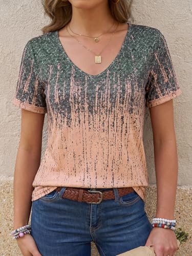 Image of Danedvi Women Deep V-Neck Short Sleeve Tops Solid Casual Loose T Shirt