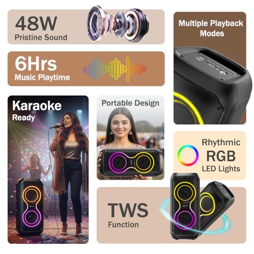 Image of pTron Fusion ONE 48W Bluetooth Party Speaker w /Pristine Stereo Sound, Dual 4 inch Neo Drivers, Rhythmic RGB Lights, 6Hrs Playtime, BT5.3 /Aux /TF Card /USB Playback Modes, Type-C Charging (Jet Black)