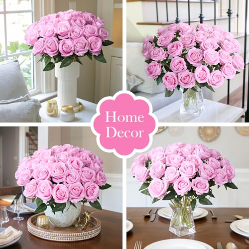 Image of 50 PCS Pink Roses Artificial Flowers, Real Looking Fake Roses with Long Stems Silk Flowers for DIY Wedding Bouquet Party Celebration Home Bridal Shower Decoration Valentine's Day Gift for Her Wife