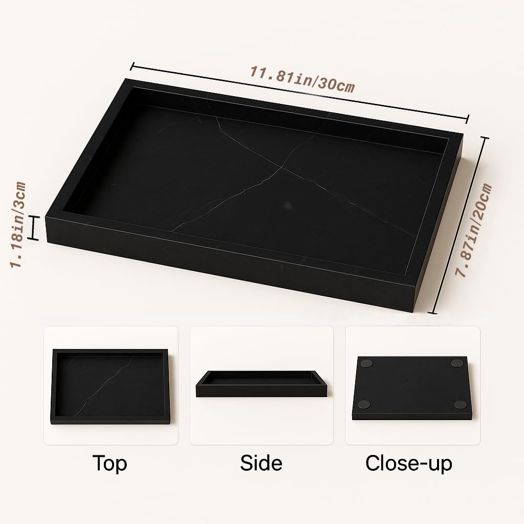 Natural Marble Tray for Bathroom Vanity Kitchen Counter, Real Stone Decorative Tray for Perfume Jewelry Candle Cosmetics Storage （Black）