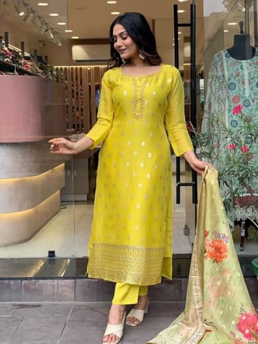 Image of Naixa Women's Viscose Organza Jacquard Embroidered Straight Kurta with Pant and Dupatta Sets (S-Kritika)