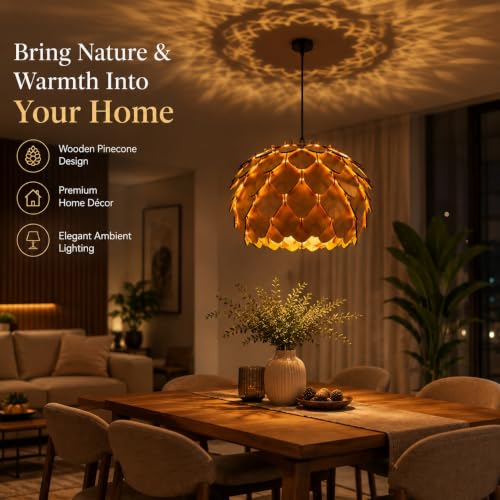 Image of MoonlitDreams Wooden Pendant Lamp for Ceiling | Handcrafted Hanging Chandelier Light | Rustic Wooden Ceiling Light for Living Room, Dining Area, Cafe & Home Decor