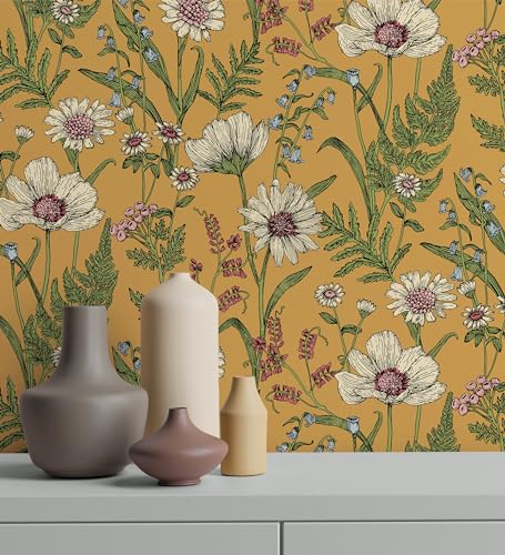 GAULAN 500682380 - Papel pintado vinílico de flores silvestres con margaritas y amapolas fondo mostaza para pared salón cocina baño dormitorio pasillo - Muestra DIN A4