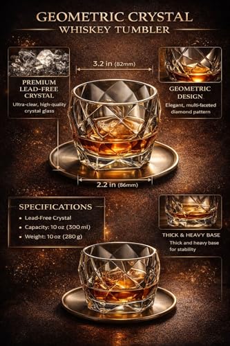 Image of IndElite Geometric Crystal Whiskey Glass | 10 oz Lead-Free Crystal Scotch Glass with Heavy Base, Diamond Cut Design | Premium Whiskey, Bourbon & Cocktail Glass for Men & Gifting, 340 ml (Set of 2)