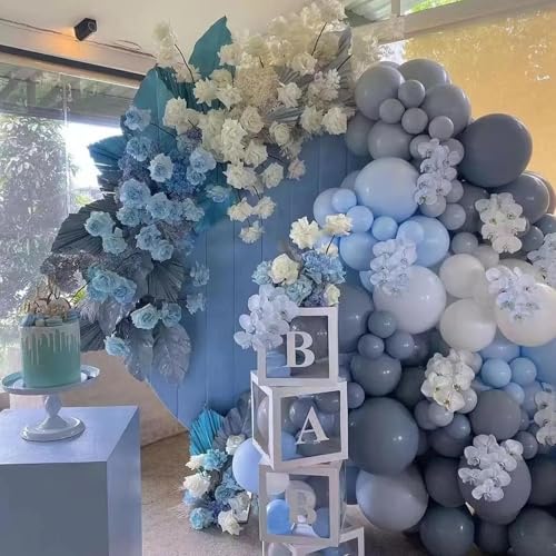 Image of 412Pcs Dusty Blue White Sand Balloon Arch Garland Kit,18 12 10 5 Inch Slate Fog Baby Blue Macaron Blue Sand White for Birthday Baby Shower Wedding Bridal Gender Reveal Decorations