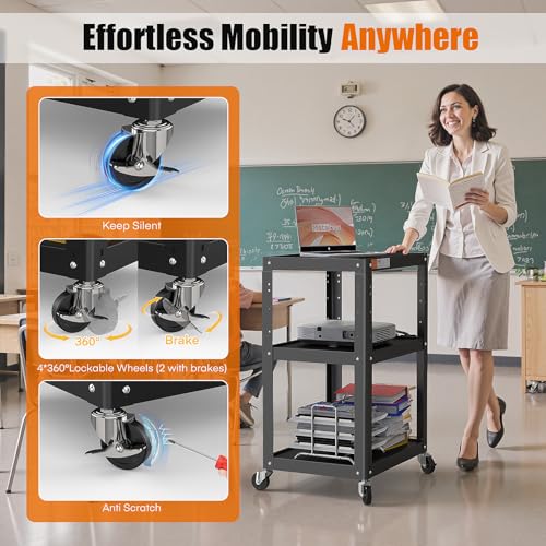 Image of 3 Shelf Metal Utility Cart - Durable Computer Cart on Wheels with Power Strip,Height Adjustable AV Presentation Cart Stand for Movie Projector,TV and Laptop Computers,Easy to Assemble, Black