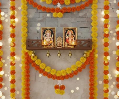 Image of Elcom Handicrafts Wooden Wall Mounted Temple Shelf with 5 Hanging Brass Bells | Decorative Pooja Shelf for Home Temple, Entrance, Living Room & Office | Dark Brown Finish