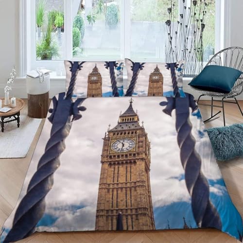 Sezhiqeu Housse de Couette 140x200 Londres, Angleterre, Parure de Lit Style Londonien 1 Personne en Microfibre Douce Imprimée 3D avec 2 Taies d'oreiller avec...