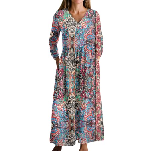 Generisch Damen Herbstkleid Boho Kleid V-Ausschnitt Maxikleid Langarm Tunika Lange Blumenkleid Vintage Blumendruck Elegante Kleider Herbst Schickes...