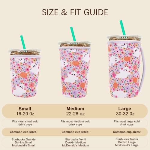 Image of Insulated Neoprene Cup Sleeve for Iced Coffee & Cold Soda - Reusable & Sweatproof, Keeps Drinks Cold Longer, Coffee Coolie for Hot & Iced Drinks (Halloween Ghost & Floral, Small: 16-18oz)