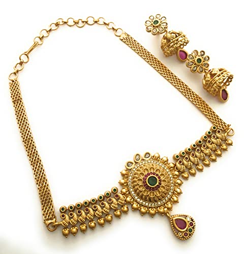 Image of Sasitrends Temple Wear Gold Plated AD Studded Choker Necklace With Earring Jewellery Set For Women & Girls