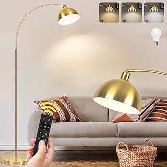 VenzBlomia 【Upgraded】 Arc Floor Lamps for Living Room - Stepless Dimmable Gold Tall Lamp with Remote Control & Color Temperature 9W LED Bulb, Over Couch Arched Reading Standing Lamp for Bedroom Brass