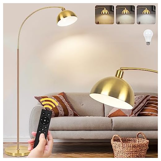 VenzBlomia 【Upgraded】 Arc Floor Lamps for Living Room - Stepless Dimmable Gold Tall Lamp with Remote Control & Color Temperature 9W LED Bulb, Over Couch Arched Reading Standing Lamp for Bedroom Brass