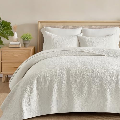 EVERGRACE 100% Cotton Paisley Quilt Set, King Size 3 Piece Set  Prewashed Lightweight Bedspread with 2 Shams, Soft & Breathable Matelasse Coverlet for All-Season Comfort, Bright White