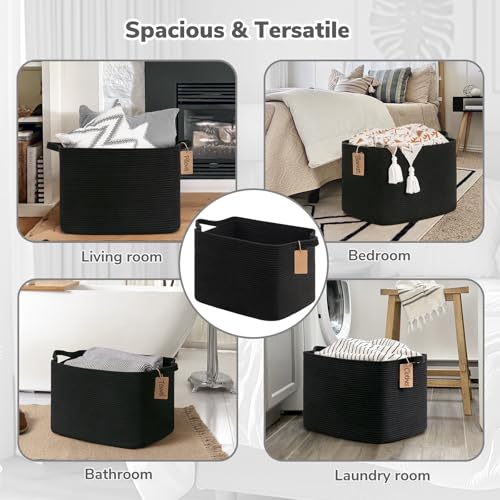 Image of Goodpick 50L Large Woven Rope Storage Basket with Handles, Black | 18 inch x 14 inch x 12 inch Stylish Gift Basket for Living Room & Nursery Organization, Fits Blankets, Toys & Home Essentials Storage