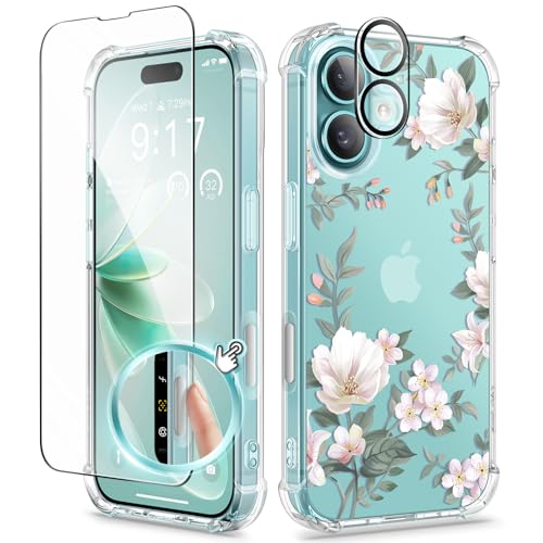 GVIEWIN for iPhone 16 Case, with Screen Protector & Camera Lens Protector, Floral Shockproof Protective Bumper Slim Soft Clear Phone Cover for Women 2024 6.1" (Magnolia/White)