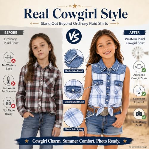 Image of Bienzoe Western Plaid Girls Shirt: Sleeveless Button Down | For girls who love cowgirl style, rodeo days, country concerts, summer comfort, family photos, horse shows, outdoor fun