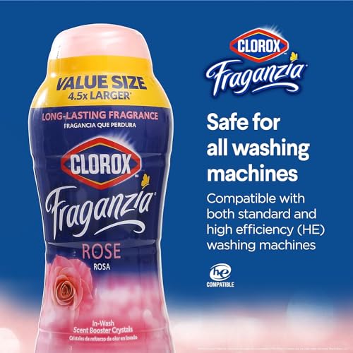 Image of Clorox Fraganzia Laundry Scent Booster Crystals, In-Wash Fragrance Beads for Fresh-Smelling Clothes & Linens, Safe for All Fabrics & Colors, Easy-Pour Bottle, Rose Scent, 70 Oz - 6 Pack