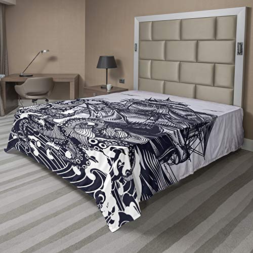 Ambesonne Nautical Flat Sheet, Kraken Octopus Tentacles Ship Sail Old Boat in Ocean Waves, Soft Comfortable Top Sheet Decorative Bedding 1 Piece, King Size, Indigo Purpleblue