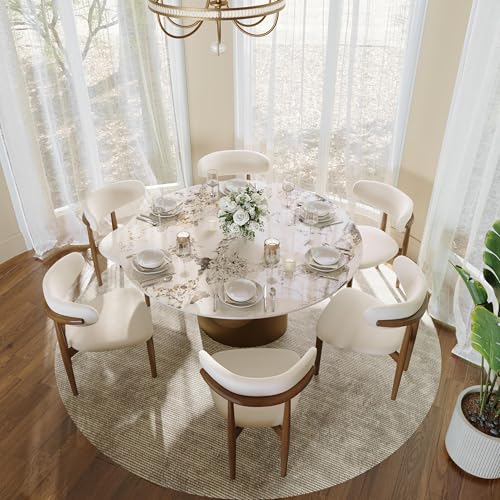 POVISON Round Dining Table for 4-6, 60" Glossy White Sintered Stone Tabletop Dining Table with Bronze Carbon Steel Pedestal, Modern Dining Room Table for Kitchen, Living Room (Table Only)