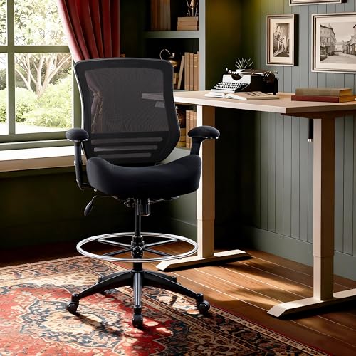 Image of BOLISS 400lbs Mid Back Mesh Ergonomic Drafting Chair for Standing Desk Office Wide Chair Built-in Lumbar Support Big Adjustable Foot Ring Height Adjustable Armrest (Black)