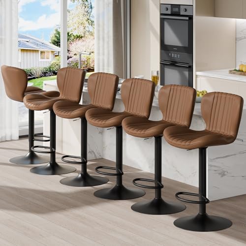 Image of Shintenchi Bar Stools Set of 6 Modern Swivel Bar Chairs, Counter Height Faux Leather Metal Barstools, Upholstered Island Chairs with Back and Footrest, Coffee