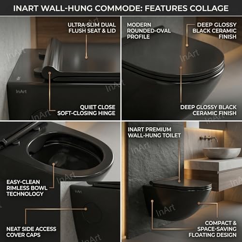 Image of InArt Ceramic Rimless Wall Hung Western Toilet /Commode - P Trap, Glossy Ceramic Round Rimless Toilet WC with Soft Close Seat, Modern Wall Mounted 365mm x 520mm x 360mm Black Color