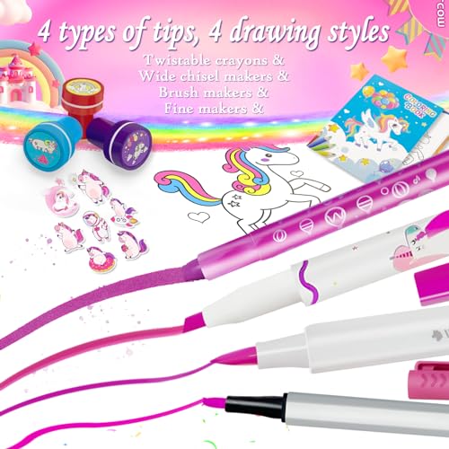 Image of weirtoya 56 PCS Washable Scented Markers with Glitter Pencil Case, Mermaid Unicorn Arts and Crafts for kids 4-6-8 Kids Coloring Drawing Kits for 4-8 Years Old Girls (Pink, 56)