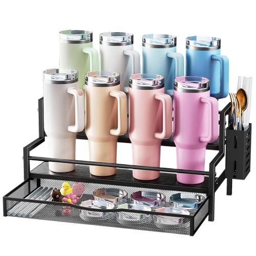 Image of Water Bottle Organizer for Full 40 oz Stanley with Handle, Black | 2 Tier Stanley Cup Organizer, 8 Bottles Capacity, Rustic Countertop Display Shelf, For Coffee Bar, Cabinet, Countertop