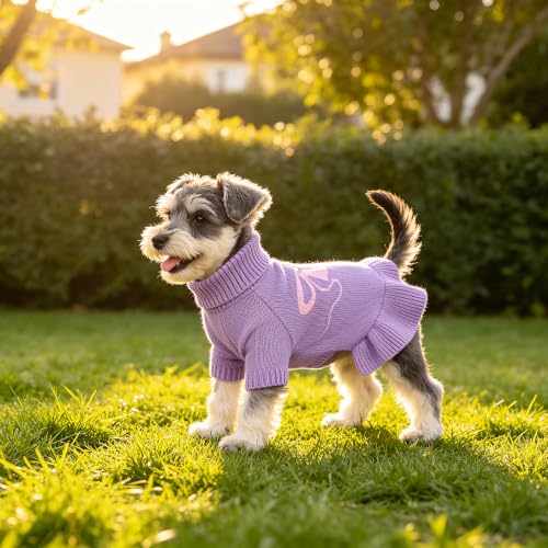 Image of YUDODO Bowknot Dog Sweater Dress for Small Dogs Girl, Stretchy Pet Clothes | Fall Winter Warm Pet Sweater, With Leash Hole, Cute Bowknot, Stretchy, Turtleneck, For Yorkies Chihuahua, Purple, S