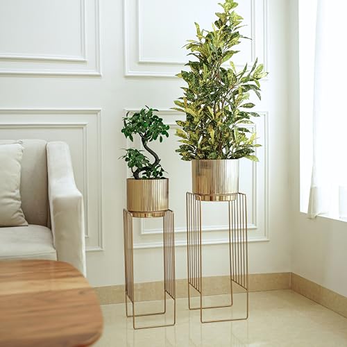 Image of BEHOMA Gold Metal Floor Planters with Stands Set of 2 | Modern Tall Planter for Home Decor, Decorative Plantpot for Living Room, Big Plant Stand with Pots