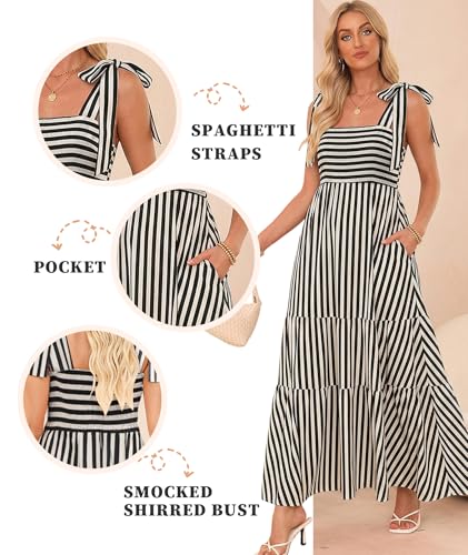 Image of CURBODO Women's Summer Maxi Dress Boho Spaghetti Straps Casual Long A-line Smocked Beach Dress Square Neck Flowy Sun Dress
