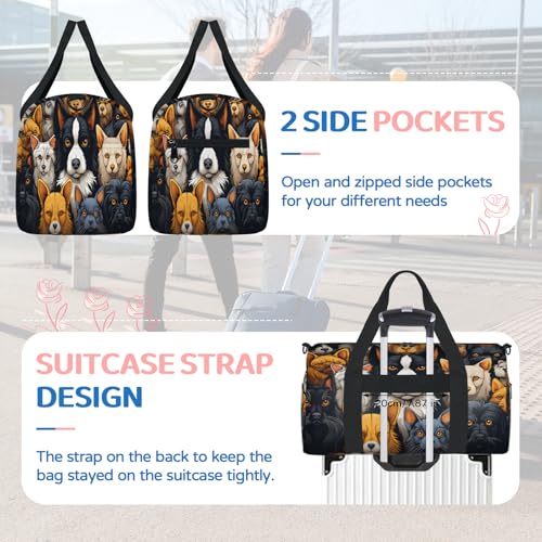 Cartoon Animal Dog Pattern Sports Duffle Bag for Women Men Waterproof Overnight Weekender Bag with Adjustable Strap Travel Tote Bags for Beach Yoga Work Dance Swim4