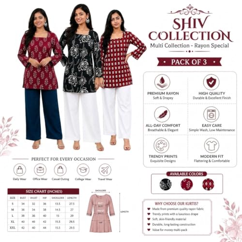 Image of Women's Printed Reyon Short Kurti Combo Pack of 3 Regular Fit Half Sleeve Square Neck Casual Soft Breathable Kurti for Office, College, Travel, Home (in, Alpha, XL, Multicolor)