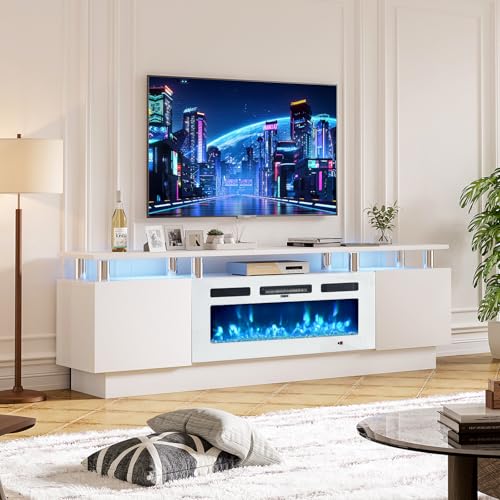 Jolydale Fireplace TV Stand with 36â€ Electric Fireplace, 70â€ 2 Tier TV Console Stand for TVs Up to 80\", LED Light Entertainment Center, Fireplace for The Living Room TV Stand, White