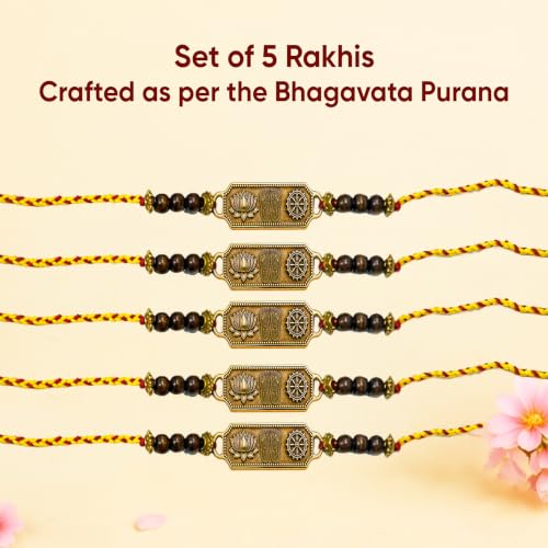 Image of 5 Brass Rakhis for Brother | As per Bhagavata Purana with Vishnupad, Kamal & Sudarshan Chakra Symbols I Premium and Authentic Rakhi for Raksha Bandhan