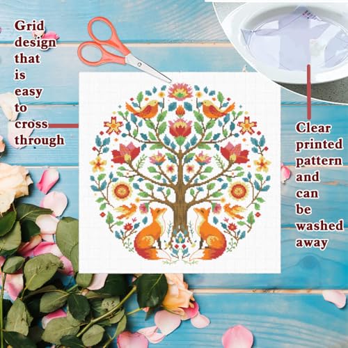 Image of FREEBLOSS 11CT Cross Stitch Kits Tree of Animals Pattern Stamped Cross Stitch Wall Painting Craft Kit Full Range of Embroidery Starter Kits for Adult Beginners with Instruction 17.7 x 17.7