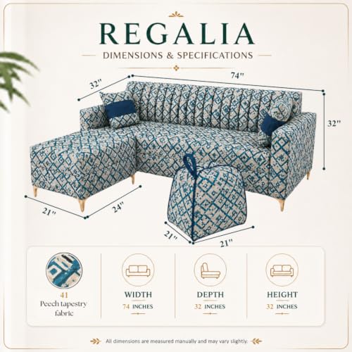 Image of FURNY Signature Regalia 4-Seater L-Shape Sofa Set with Movable Ottoman & Suri Pouf | Flexible LHS /RHS Layout | Tapestry Fabric | 40D Foam + Zigzag Spring | 3-Yr Warranty (Lagoon Mosaic Blue)