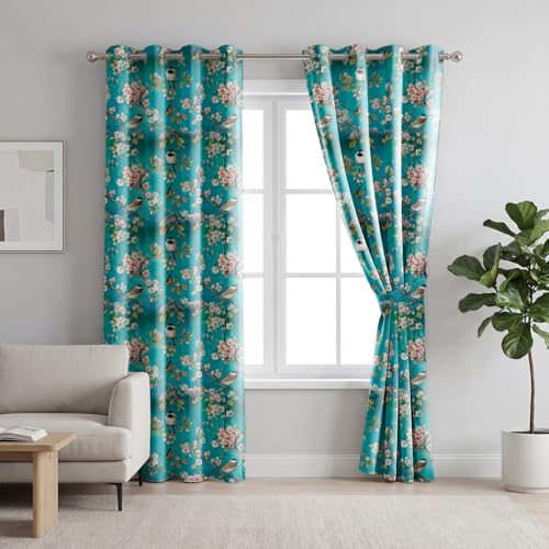 Image of LINENWALAS Printed Blackout Curtains for 5 Feet Window | Set of 2 | Charming Bird & Floral Drapes | Thermal Insulated, Room Darkening Panels with Grommet Hanging for Living Room (Teal Blossom)