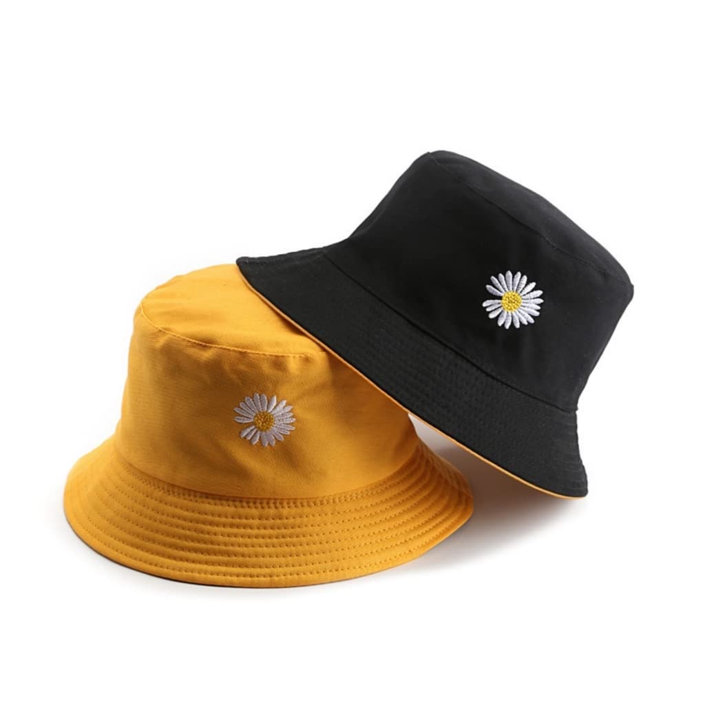 Women Bucket Hats Cute Little Daisy Flower Embroidery Cotton Reversible Double Sided Wear Packable Bucket Hat for Women Beach hat Summer hat (Pack of 1)