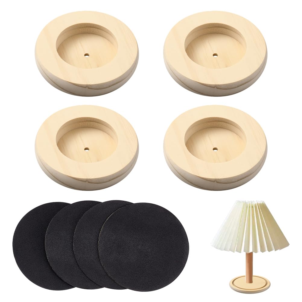 PH PandaHall 4 Sets Wooden Lamp Base Round Lamp Stand Desktop Light Stand Wood Lamps Holder Table Lamps Display Base with Self Adhesive Pad for Desk Light Spotlight DIY Craft 12x2cm