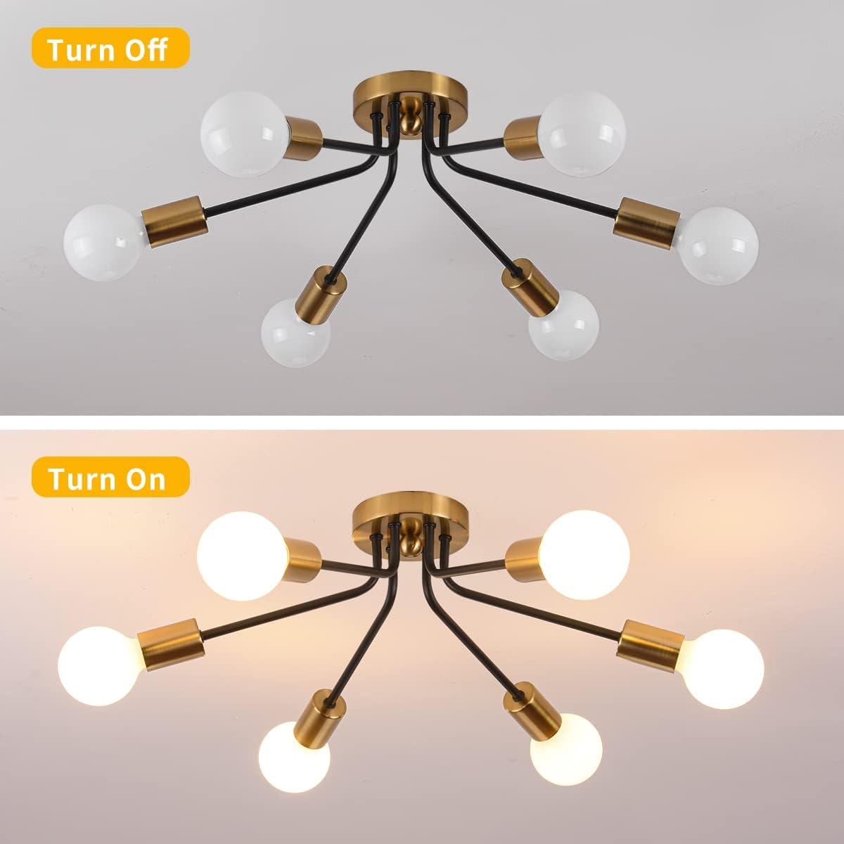 Qcyuui 6 Luci Semi Incasso Plafoniera, Moderna Illuminazione a Soffitto Lampadario Sputnik Oro, Lampada da Soffitto Industriale In Metallo Fattoria Per Soggiorno Camera da Letto