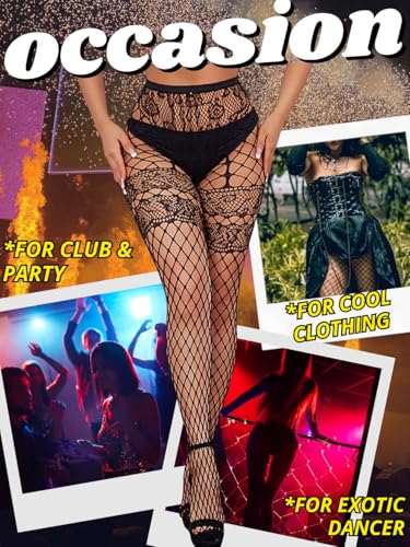 Image of ChiaoLezhee Sexy Wide Fishnet Tights, Floral Lace Garter Stockings For Women, Fishnets Fish Net Fits 0-18